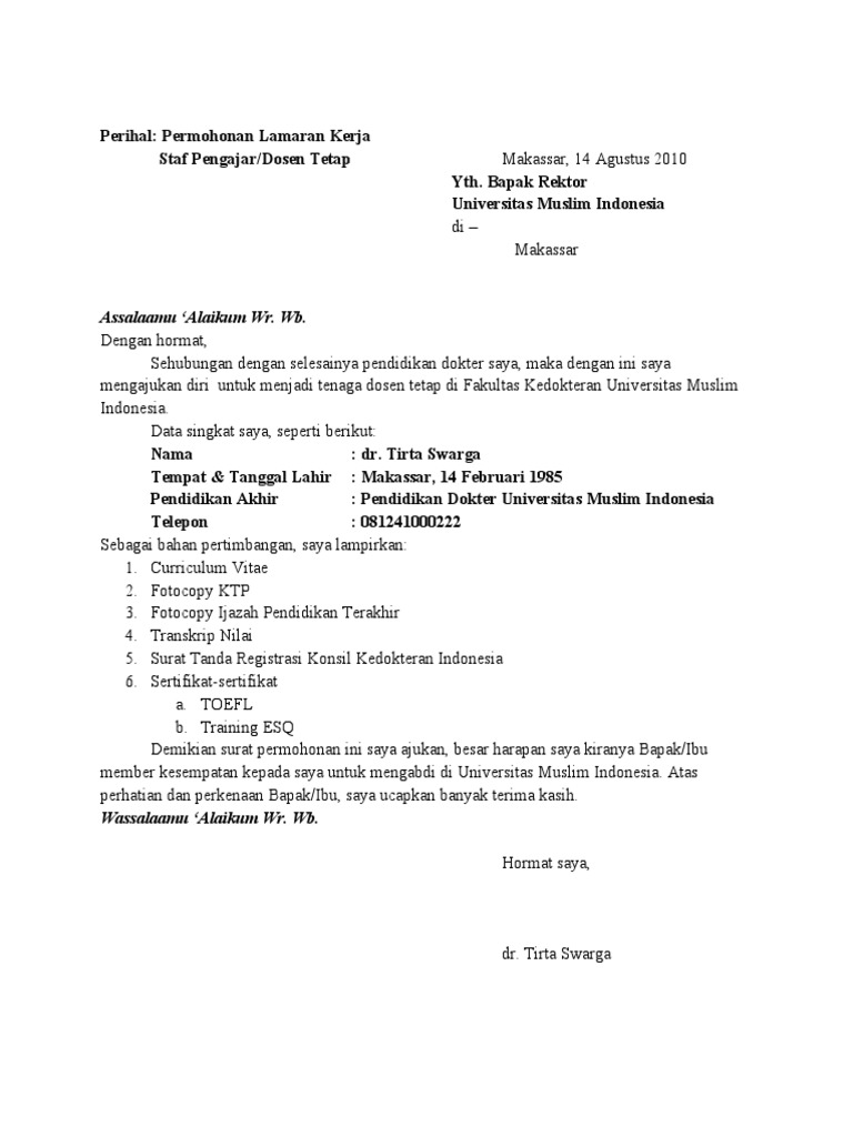 Surat Lamaran Dosen UMI | PDF