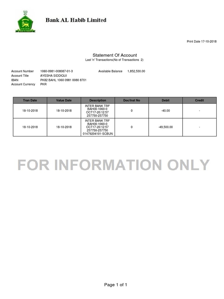 Ayesha Siddiqui Account Statement | PDF