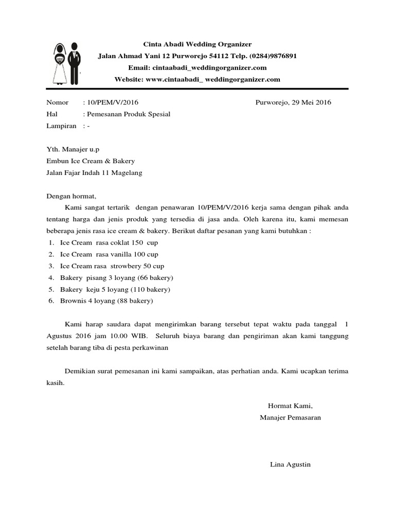 Contoh Surat Pemesanan Wedding Organizer