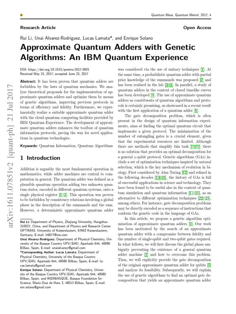 Approximate Quantum Adders With Genetic Algorithms: An IBM Quantum ...