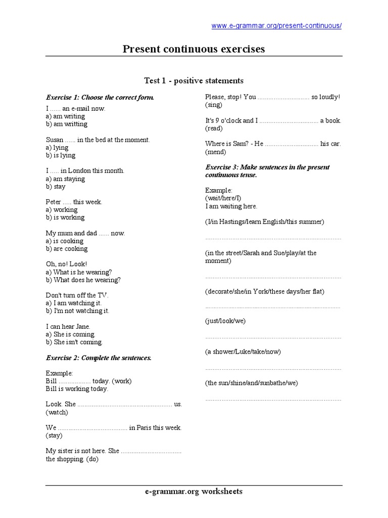 Present Continuous Grammar Exercises | PDF