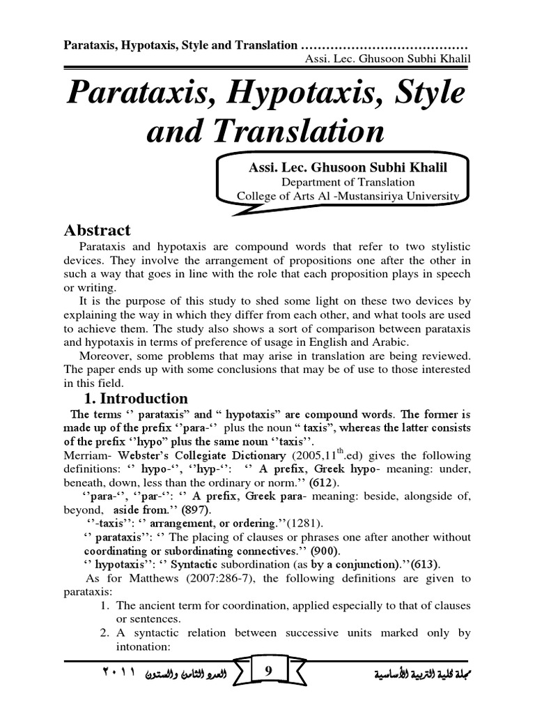 Parataxis, Hypotaxis, Style and Translation | PDF | Translations | Sentence  (Linguistics)
