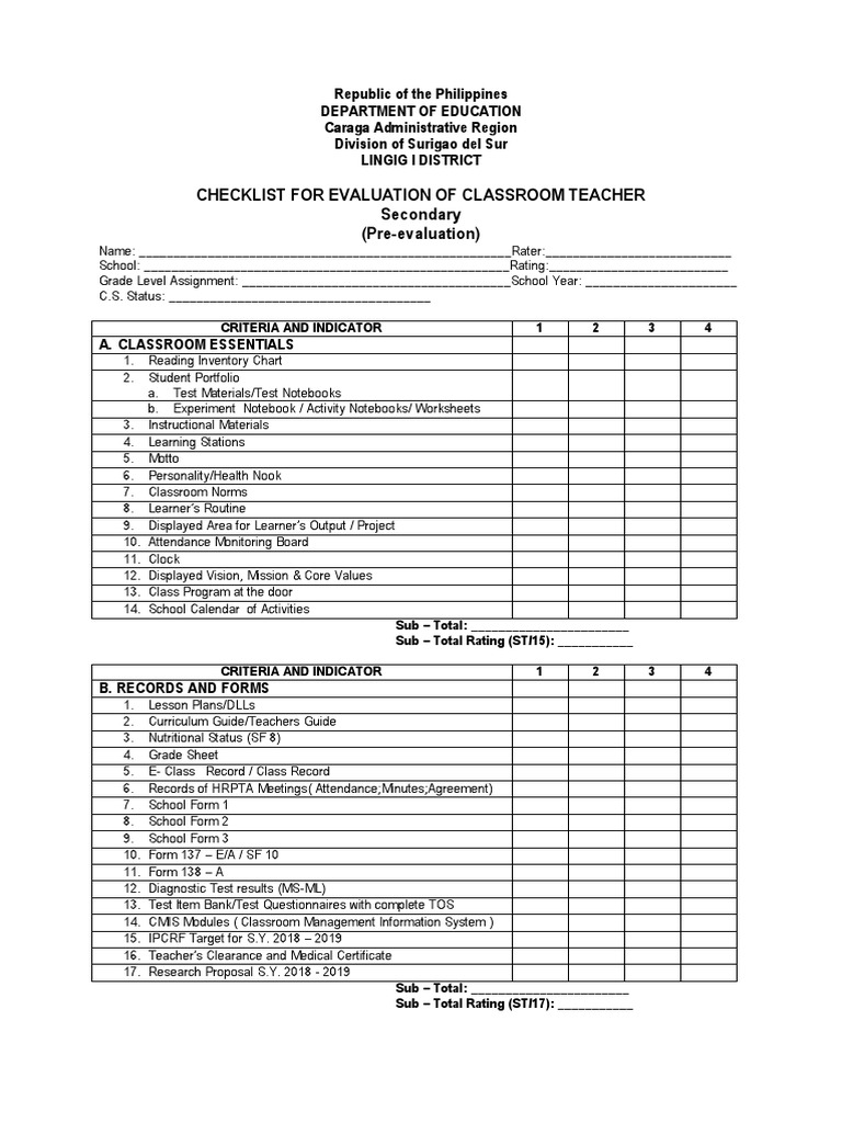 Evaluation checklist for teachers classroom lesson plan