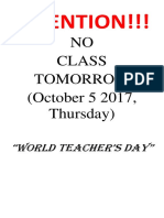 NO Class Tomorrow (October 5 2017, Thursday) : Attention!!!