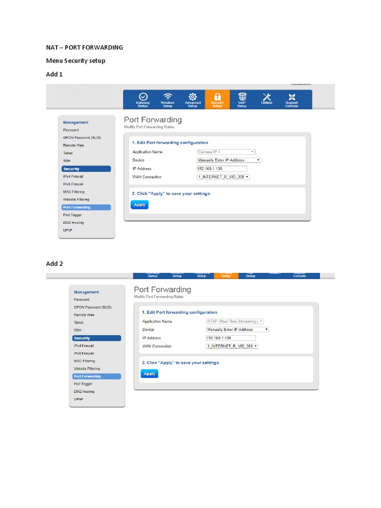 Nat - Port Forwarding Menu Security Setup Add 1 | PDF