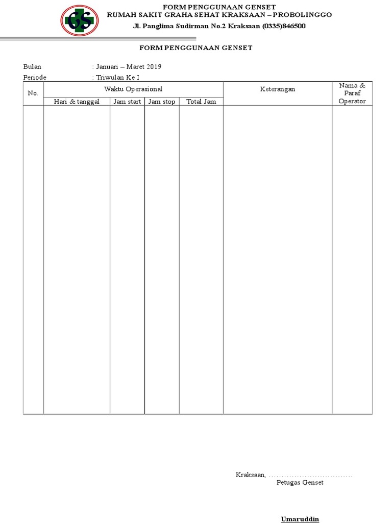 Genset Checklist Jam Operasional | PDF