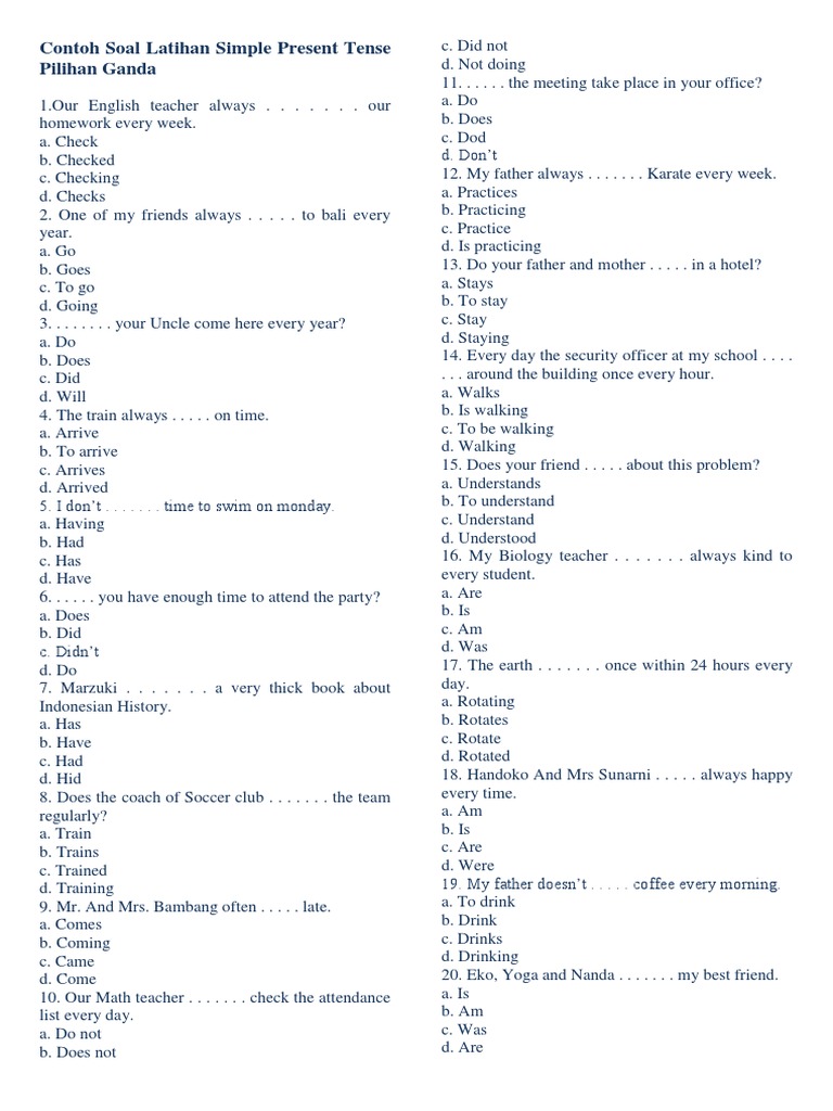 Contoh soal latihan simple present tense pilihan ganda pdf