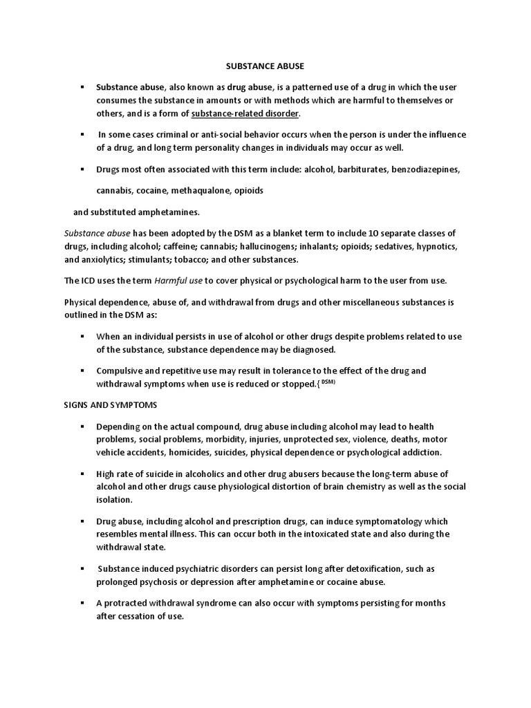 Substance Abuse Has Been Adopted by The DSM As A Blanket Term To