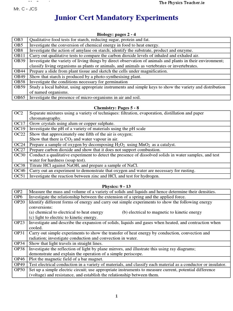 Junior Cert Mandatory Experiments Biology Pages 2 4 PDF Voltage