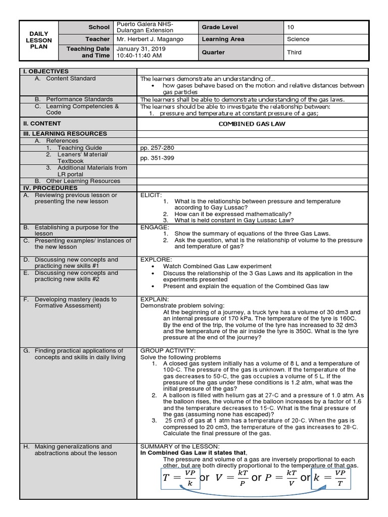 DLP Combined Gas Law PDF Gases Pressure