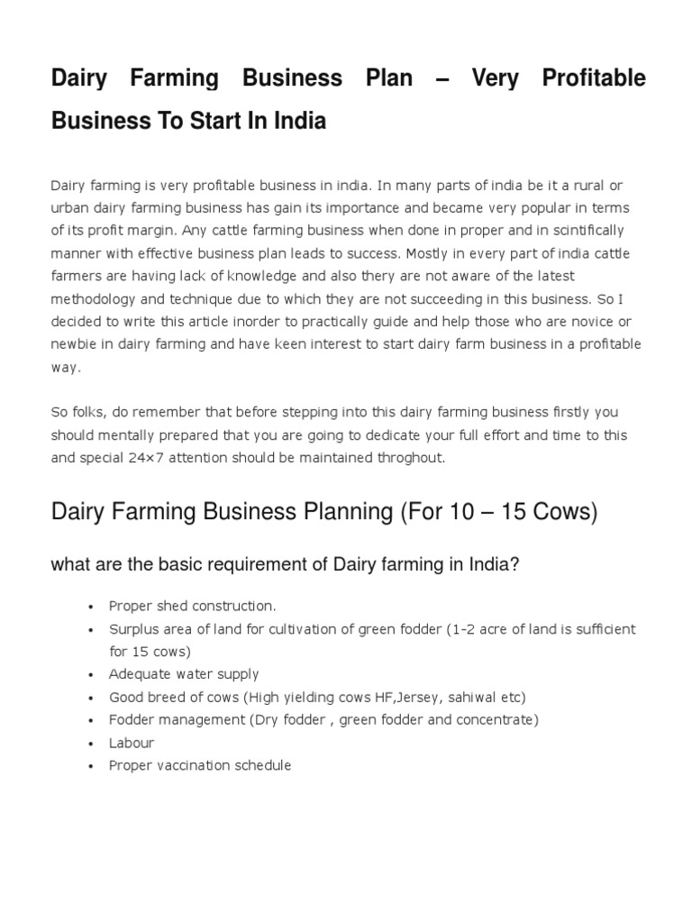 Dairy Farming Business Plan PDF Dairy Farming Dairy