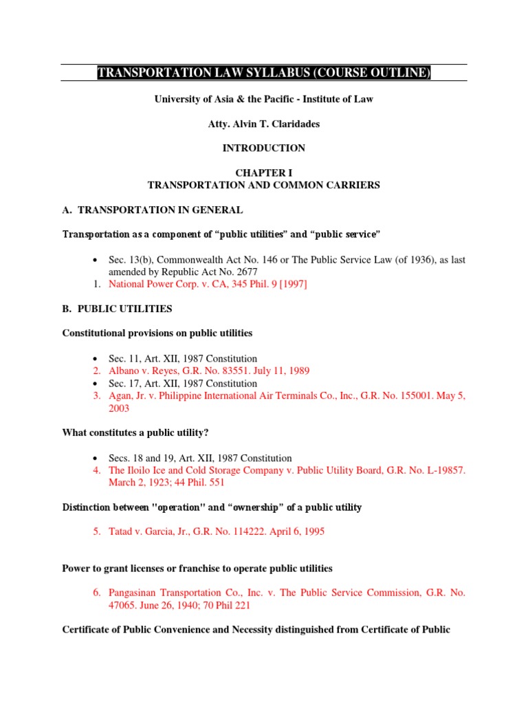 TRANSPORTATION LAW Syllabus (Course Outline) University of Asia & The