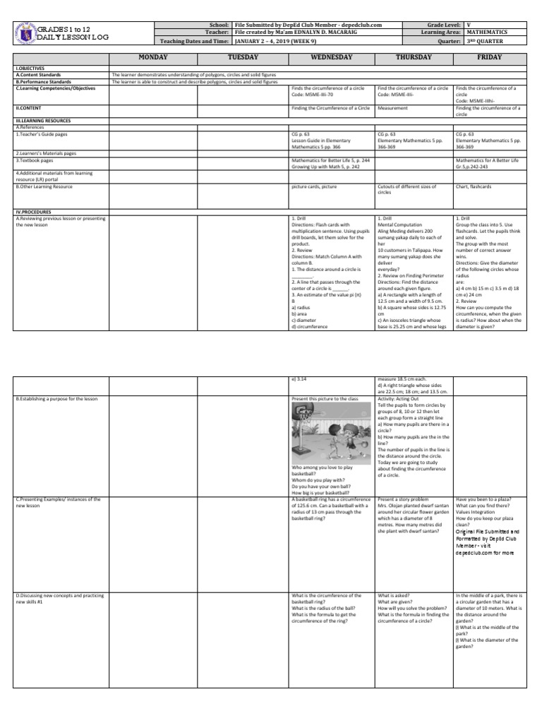 DLL Mathematics 5 q3 W9ewewe21 | PDF | Pi | Circle