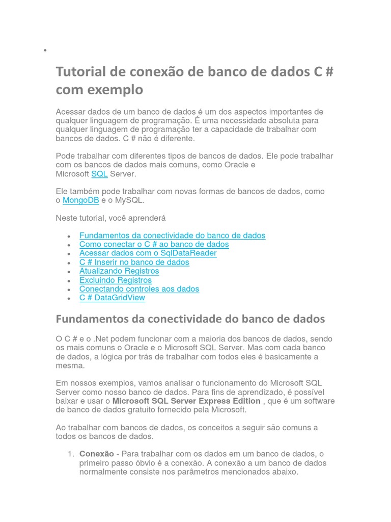 Conexão de C# com Banco de Dados | PDF | SQL | C Sharp (linguagem de ...