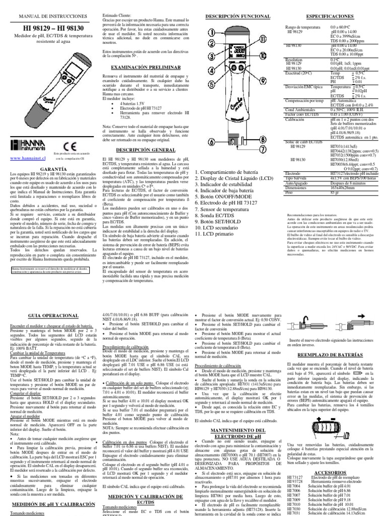 Manual Spanish Hanna Hi98129 Hi98130 Descargar gratis PDF