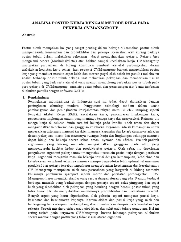 Analisa Postur Kerja Dengan Metode Rula Pada Pekerja CV | PDF