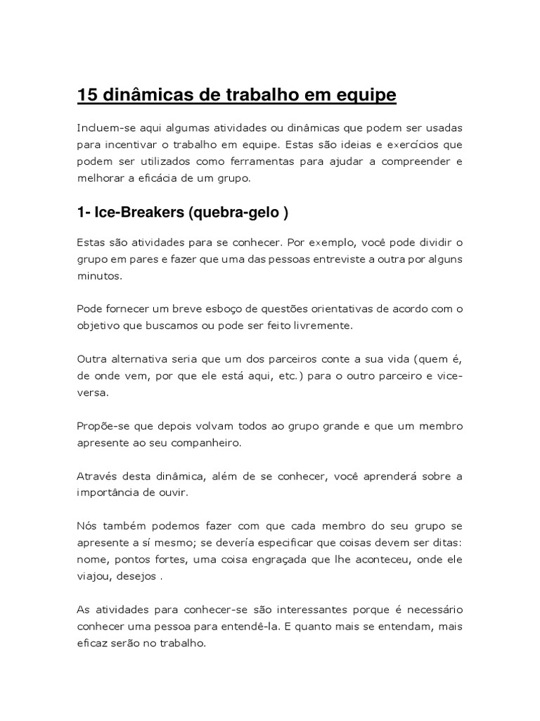 Exemplos Dinamicas De Grupo Trabalho Em Equipe