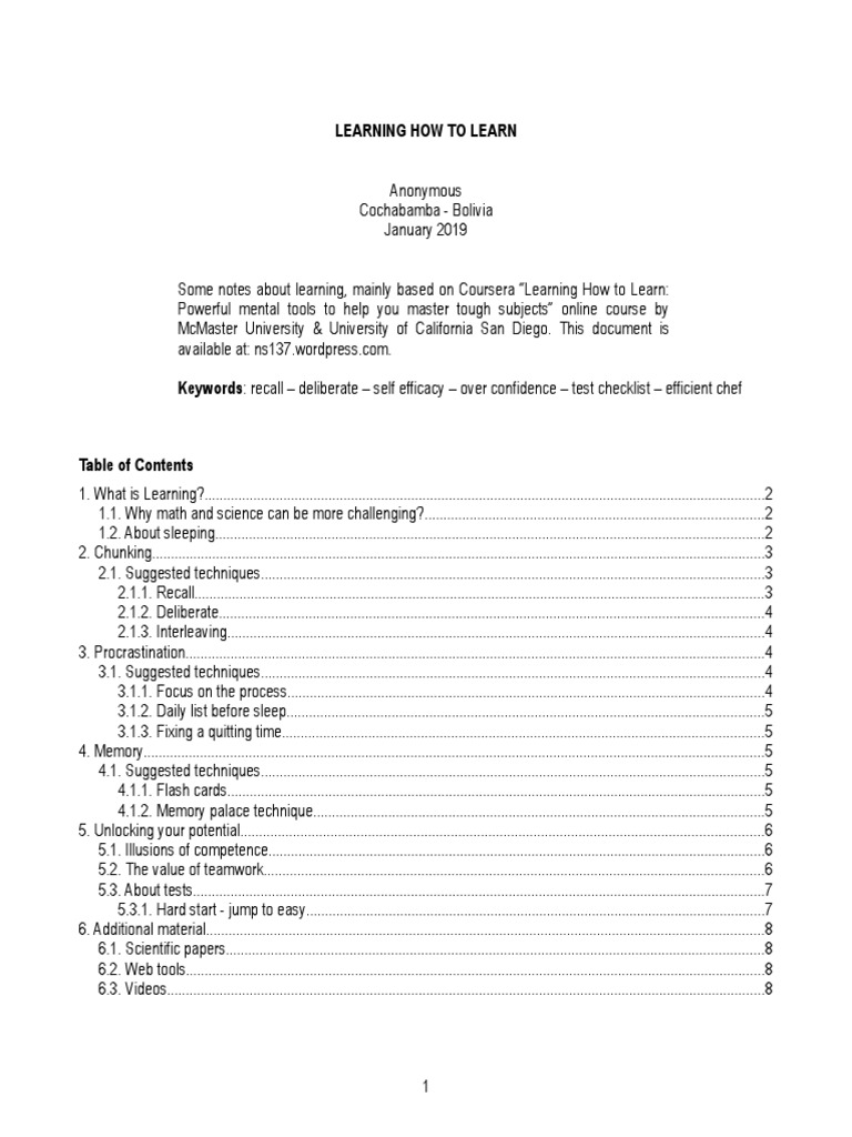 Learning How To Learn PDF Memory Habits
