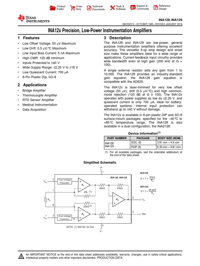 INA12x Precision, LowPower Instrumentation Amplifiers 1 Features 3