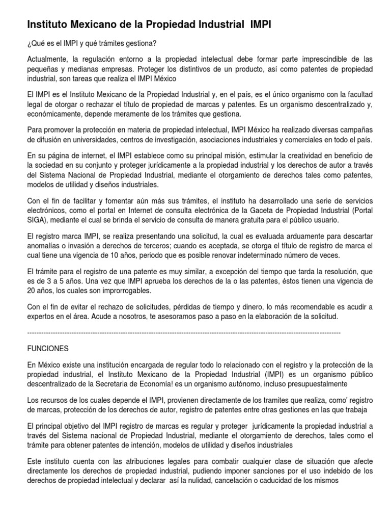 Instituto Mexicano de La Propiedad Industrial IMPI | PDF | Patentar