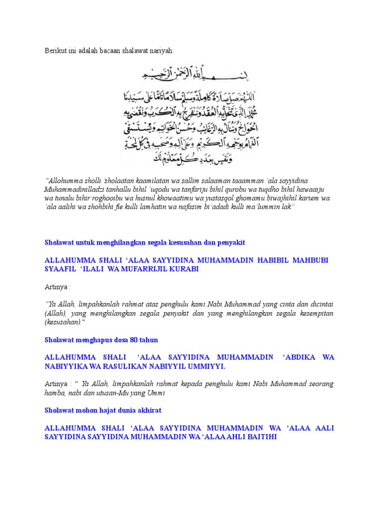 Berikut Ini Adalah Bacaan Shalawat Nariyah