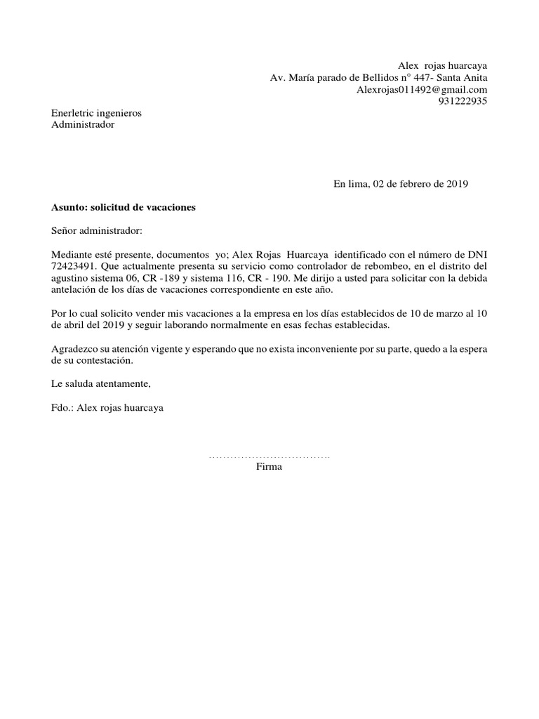 Modelo De Carta De Solicitud De Vacaciones Laborales William Grass 0144 HOT SEXY GIRL