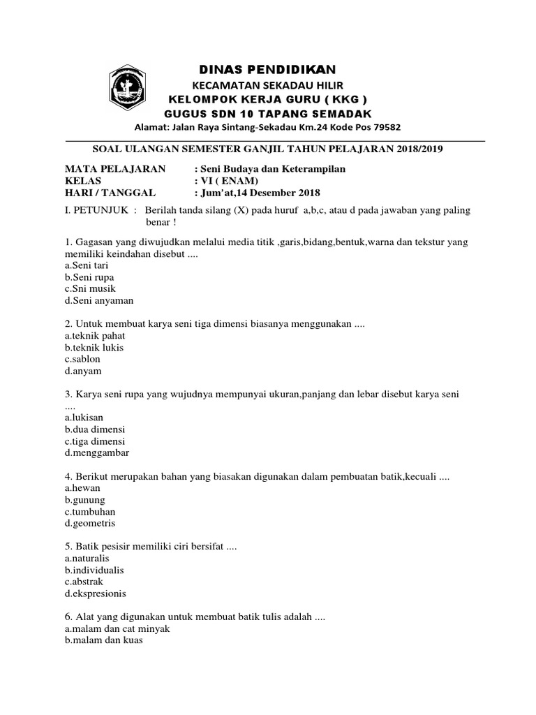 Soal Sbk Sd 2018 2019 Kls 6 Sem 1 Pdf