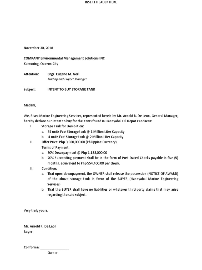 Intent to Purchase Storage Tanks | PDF | Business | Technology ...