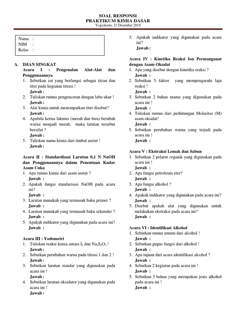 Soal Praktikum Kimia Dasar - Dunia Sosial