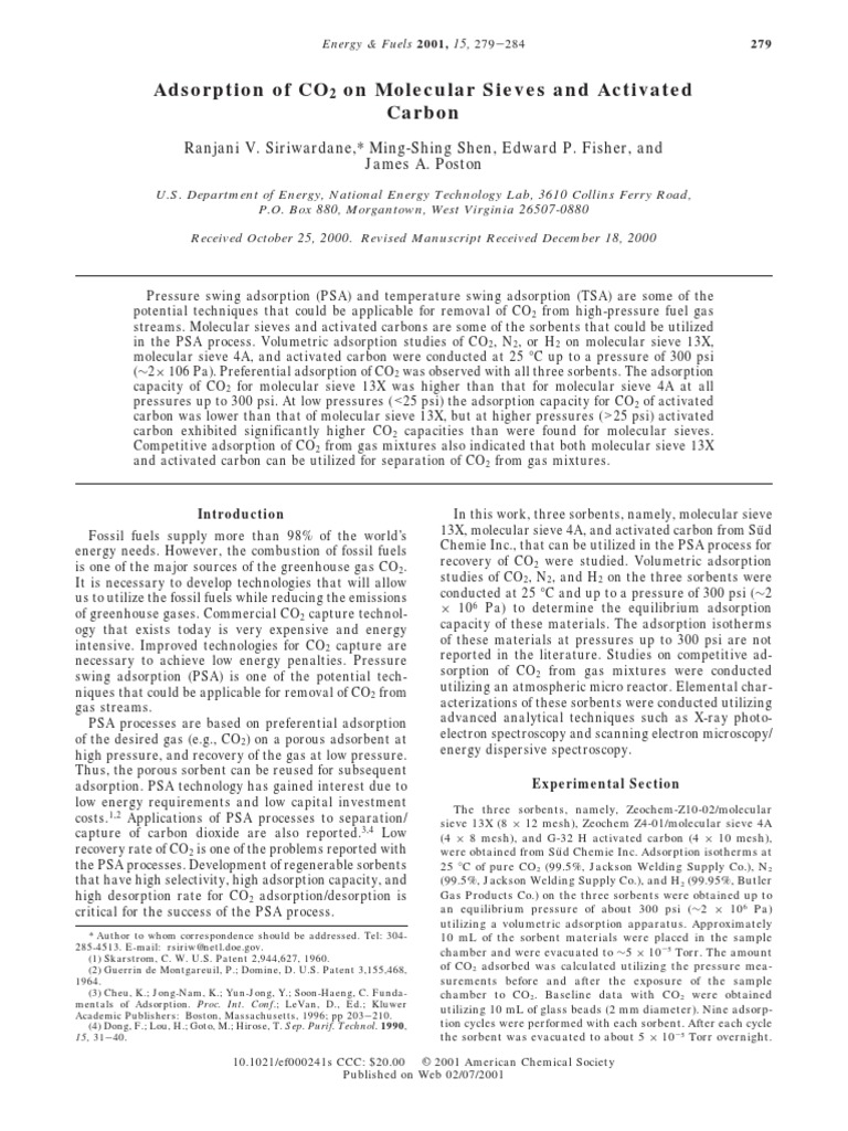 Adsorption of CO On Molecular Sieves and Activated Carbon | PDF ...