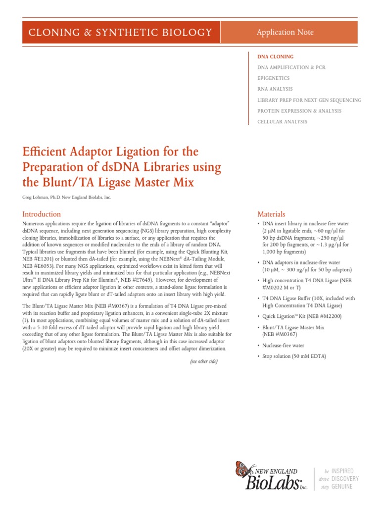 Efficient Adaptor Ligation For The Preparation of DsDNA Libraries Using BluntTA Ligase Master