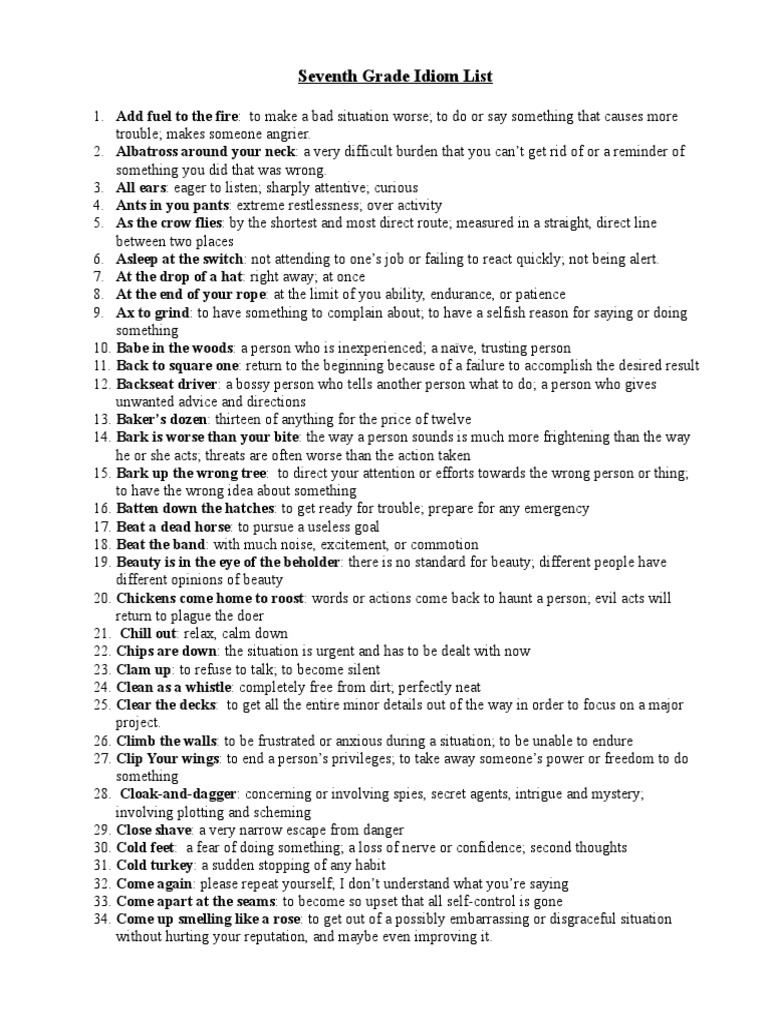100 Idioms for 7th Graders | PDF | Home & Garden | Lifestyle