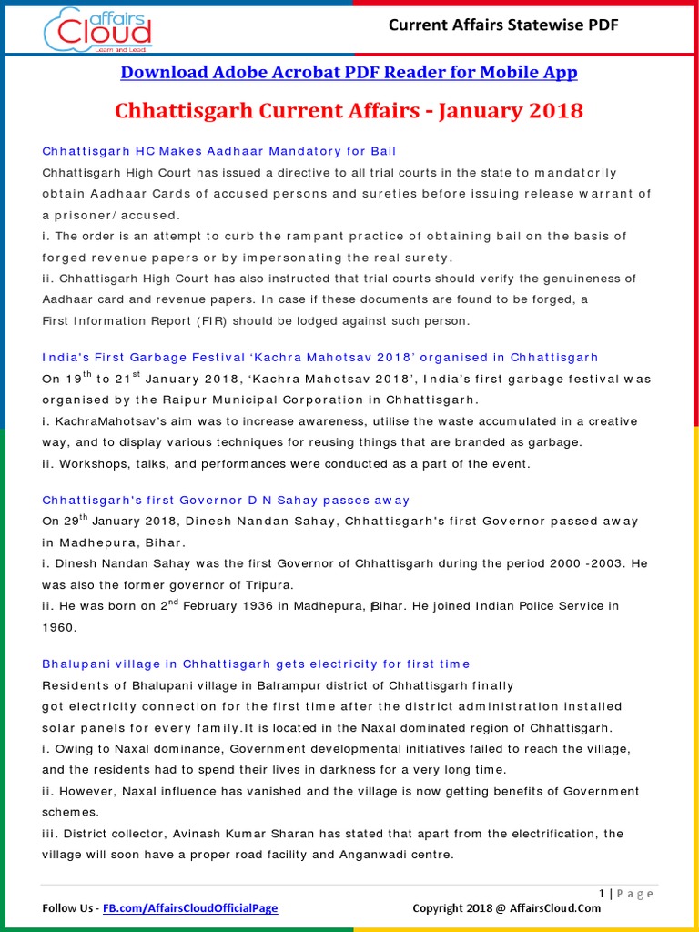 Chhattisgarh Current Affairs - January 2018: Download Adobe Acrobat PDF ...
