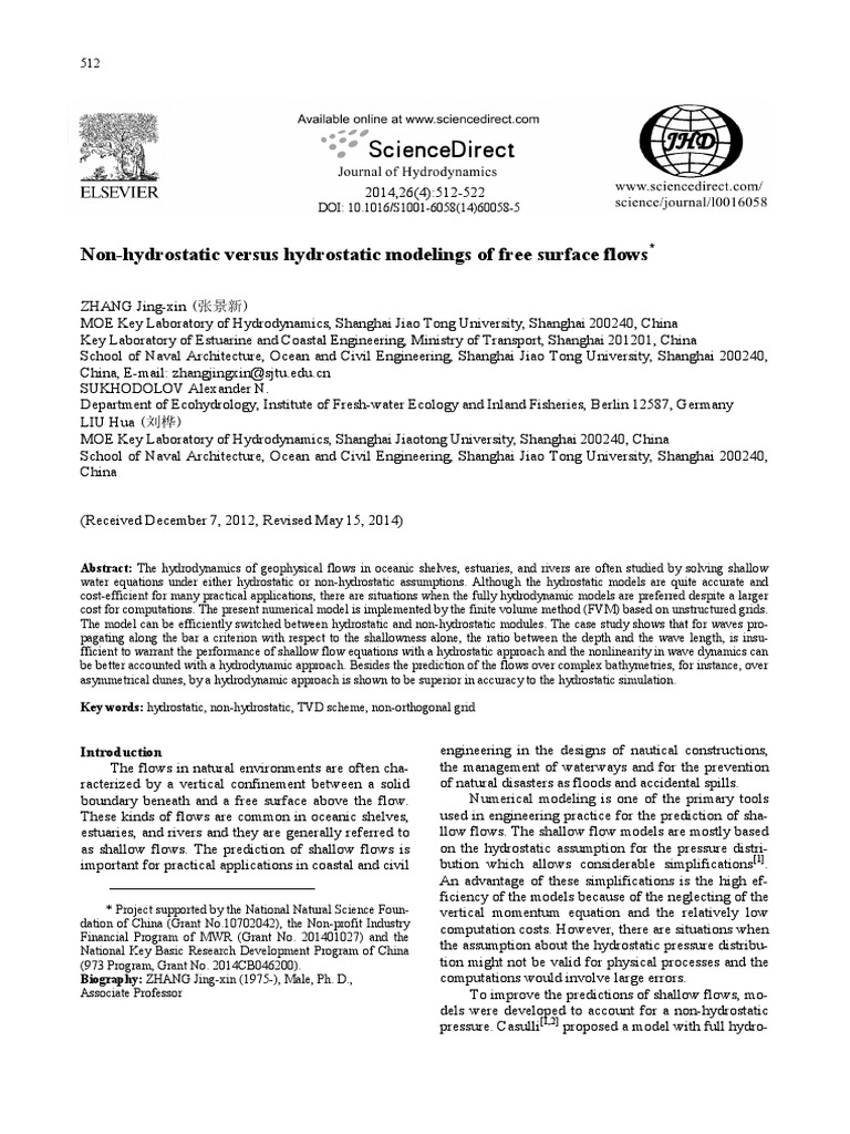 Non-Hydrostatic Versus Hydrostatic Modelings of Free Surface Flows ...