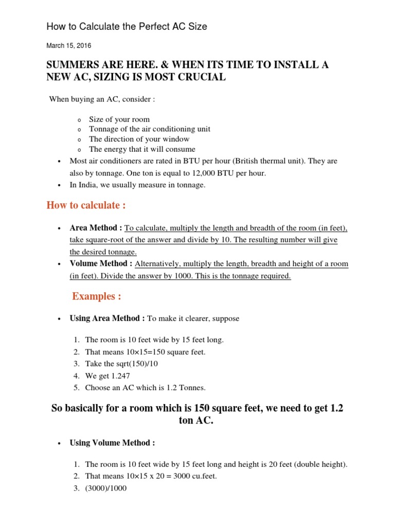 How To Calculate The Perfect AC Size PDF Tonnage Air Conditioning