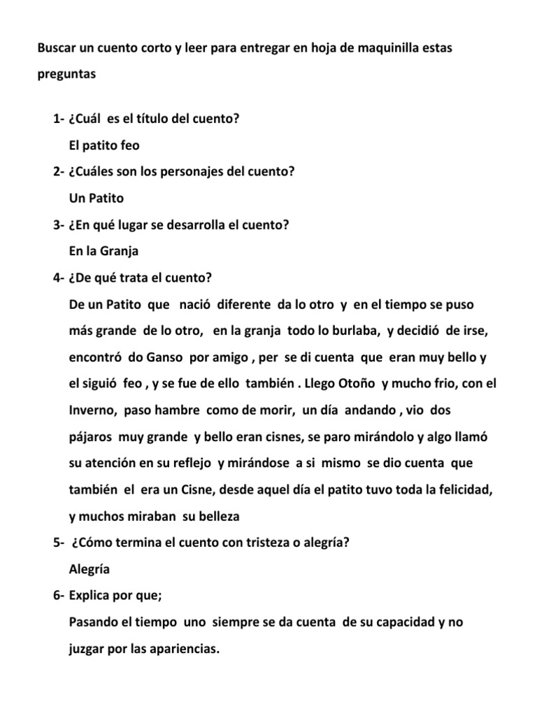 Pregunta Del Cuento El Patito Feo | PDF