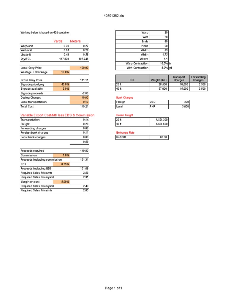 Dyed Fabric Costing Sheet PDF Weaving Crafts