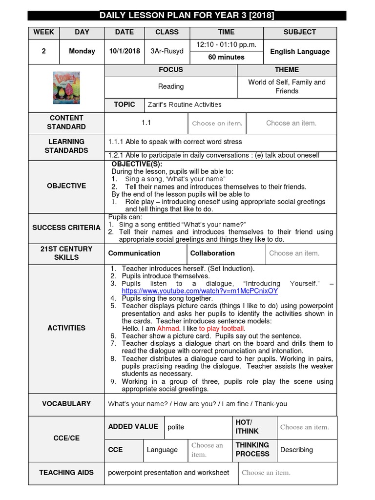 Daily Lesson Plan For Year 3 (2018) : Choose An Item | PDF | Lesson ...