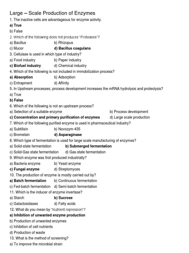 Enzyme MCQS With Answers PDF Enzyme Fermentation