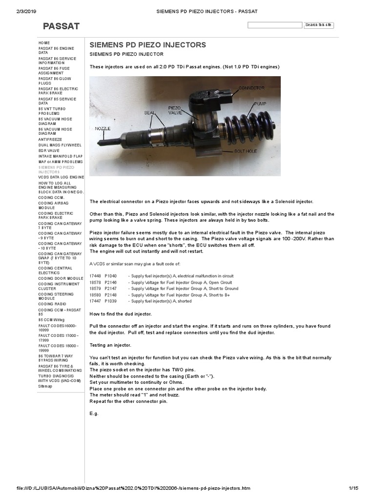 Siemens PD Piezo Injectors - Passat | PDF | Fuel Injection | Electrical ...