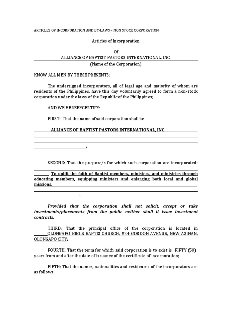 Articles of Incorporation and by Laws Non Stock Corporation PDF