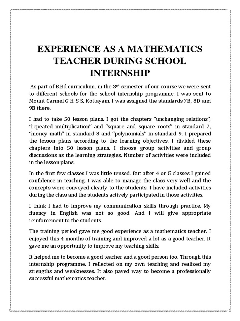 Experience As A Mathematics Teacher During School Internship | PDF