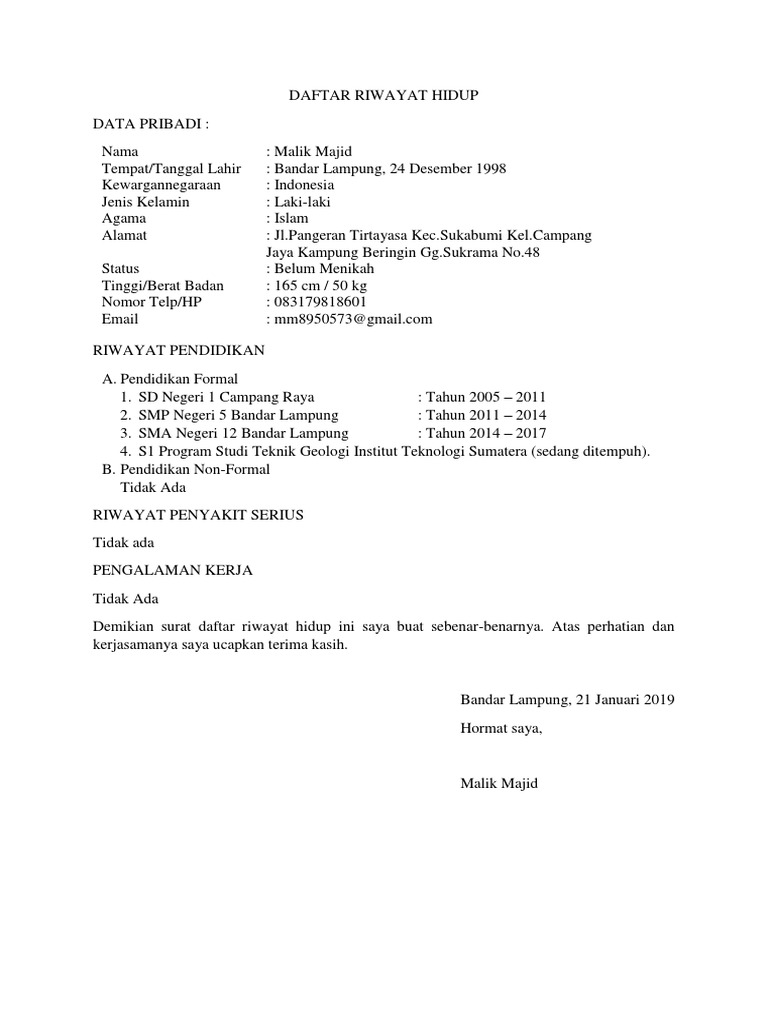 Contoh Surat Daftar Riwayat Hidup