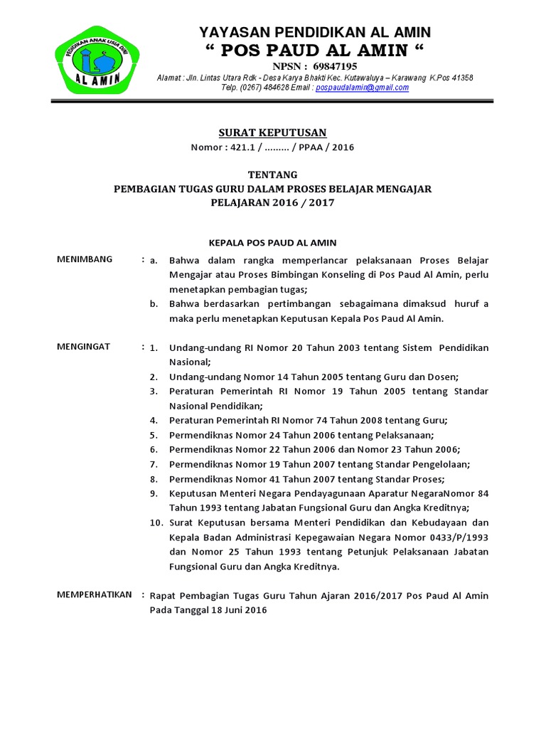 Sk Pembagian Tugas Mengajar Paud 2016 2017 Tutorial Lif Co Id