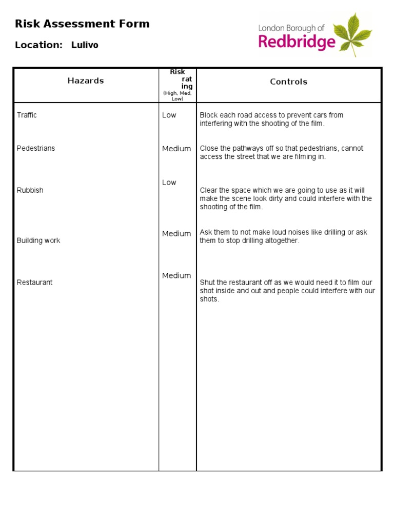 Film Shoot Risk Assessment Lulivo | PDF