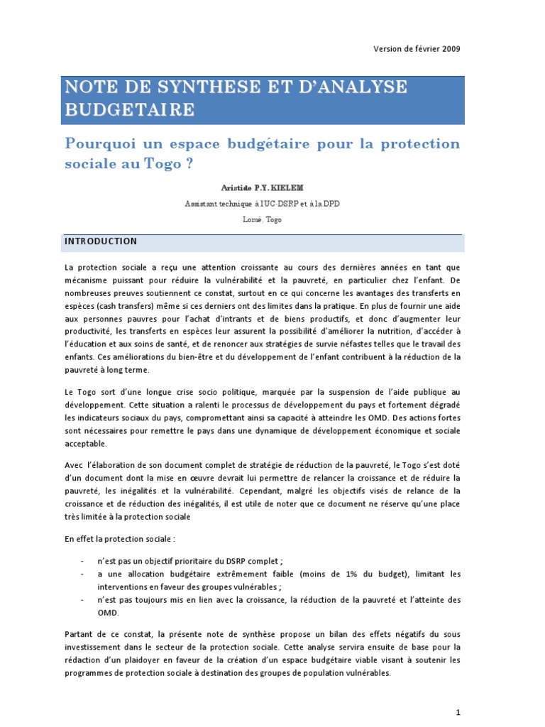 Note de Synthèse Protection Sociale  Final  PDF  Sécurité sociale