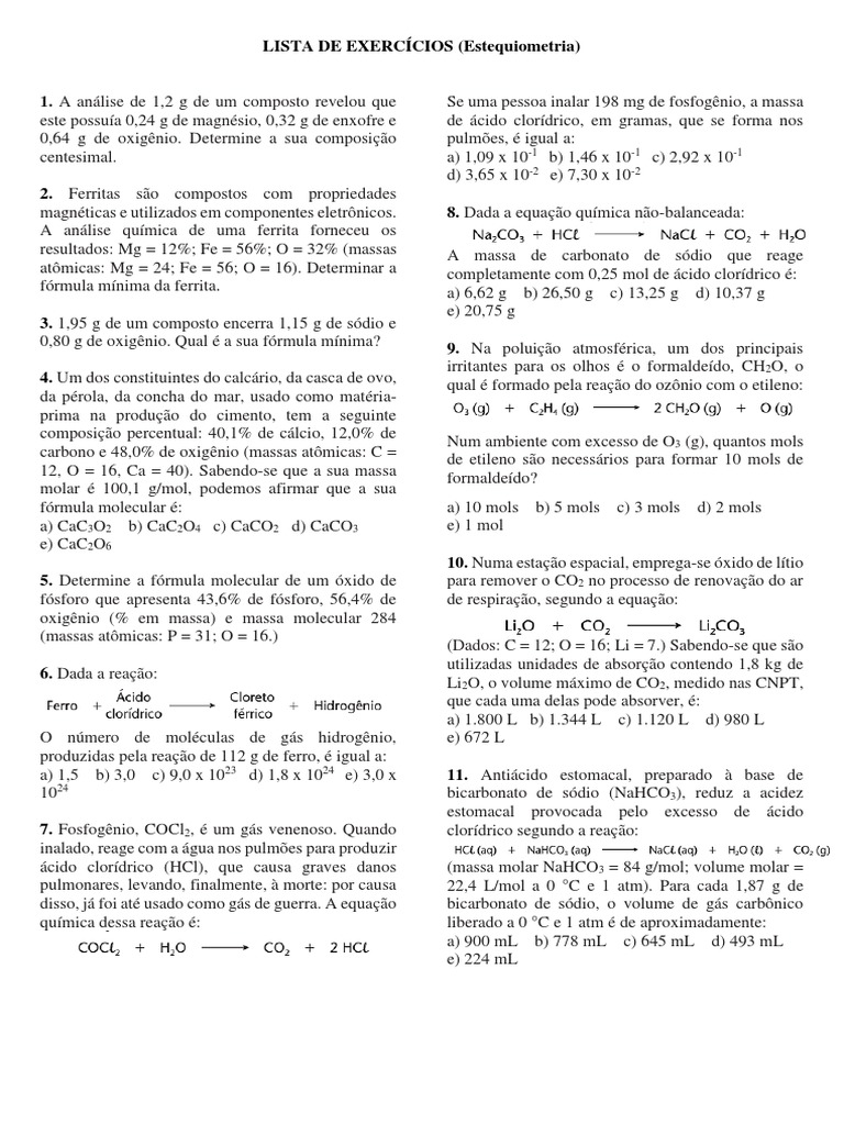 Exercícios - Estequiometria PDF | PDF | Mol (unidade) | Carbono