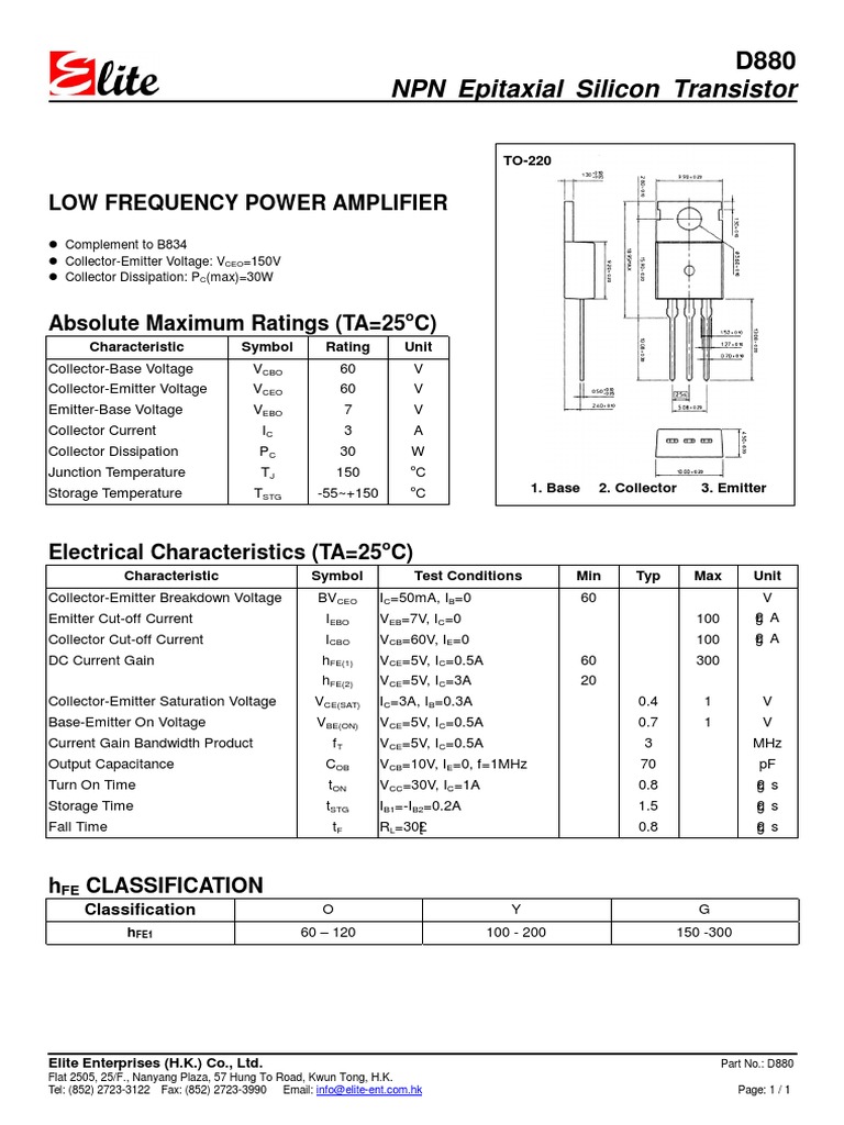 D880 NPN Epitaxial Silicon Transistor | PDF | Science & Mathematics