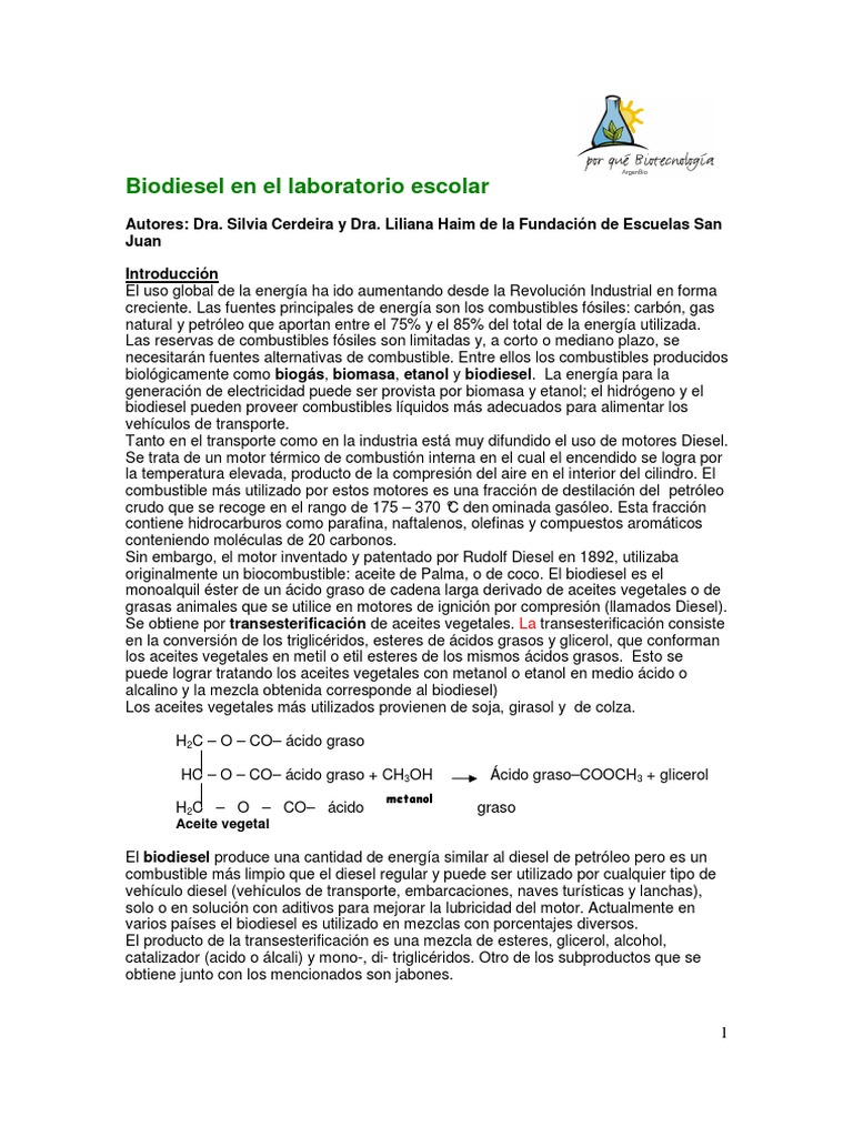 Biodisel Laboratorio Escolar PDF | PDF | Biodiésel | Glicerol