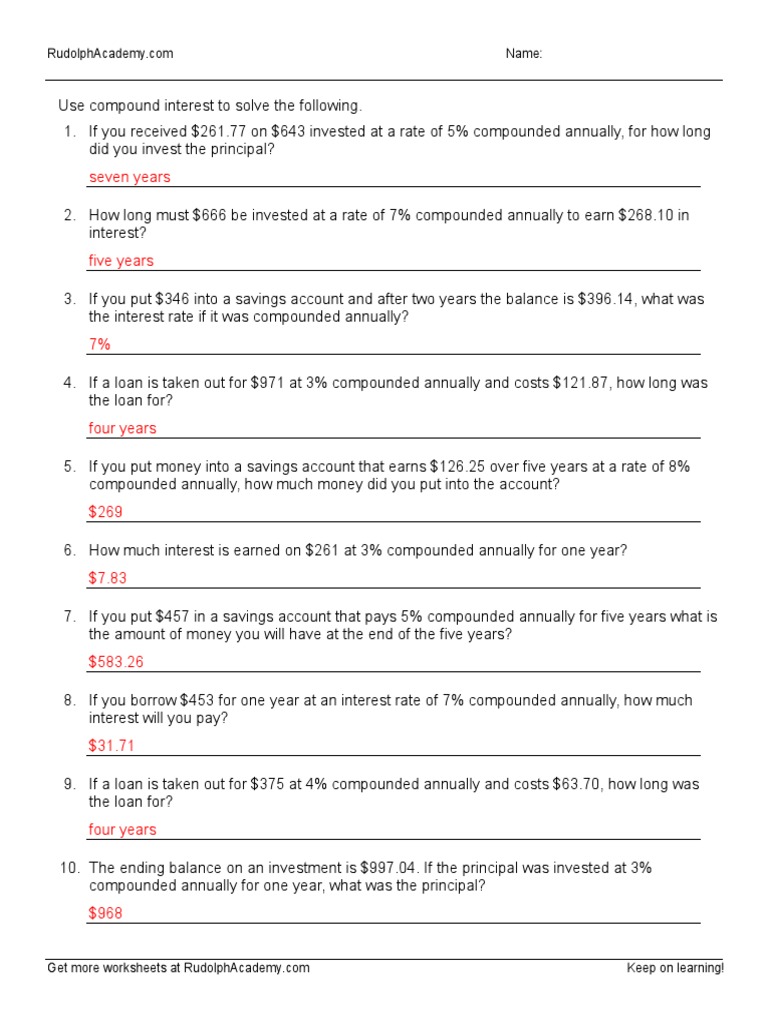 Compound Interest Worksheet B Answers Compound Interest Interest
